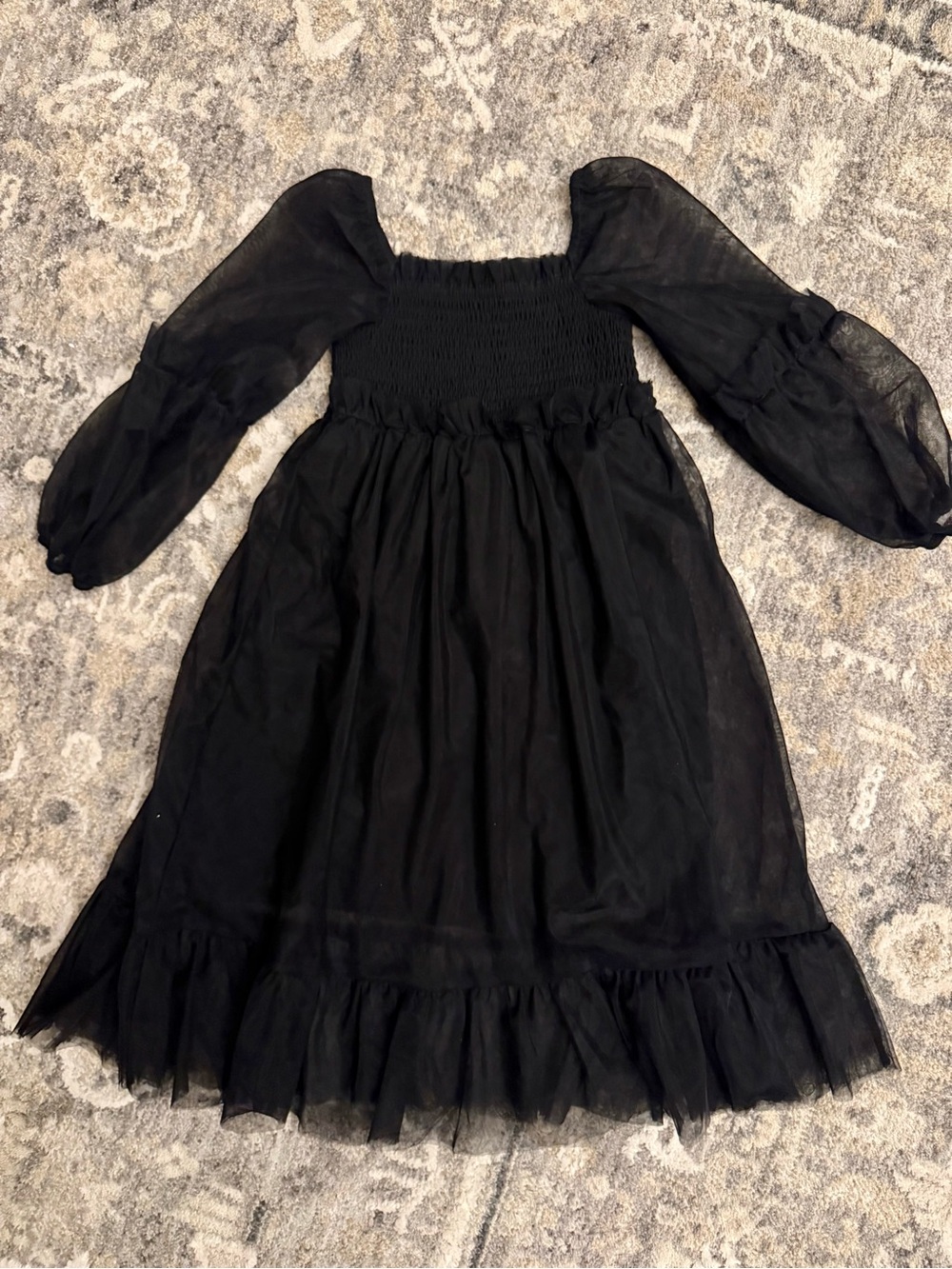 Indie Blue Black Smocked Bodice Girls' Dress with Puff Sleeves